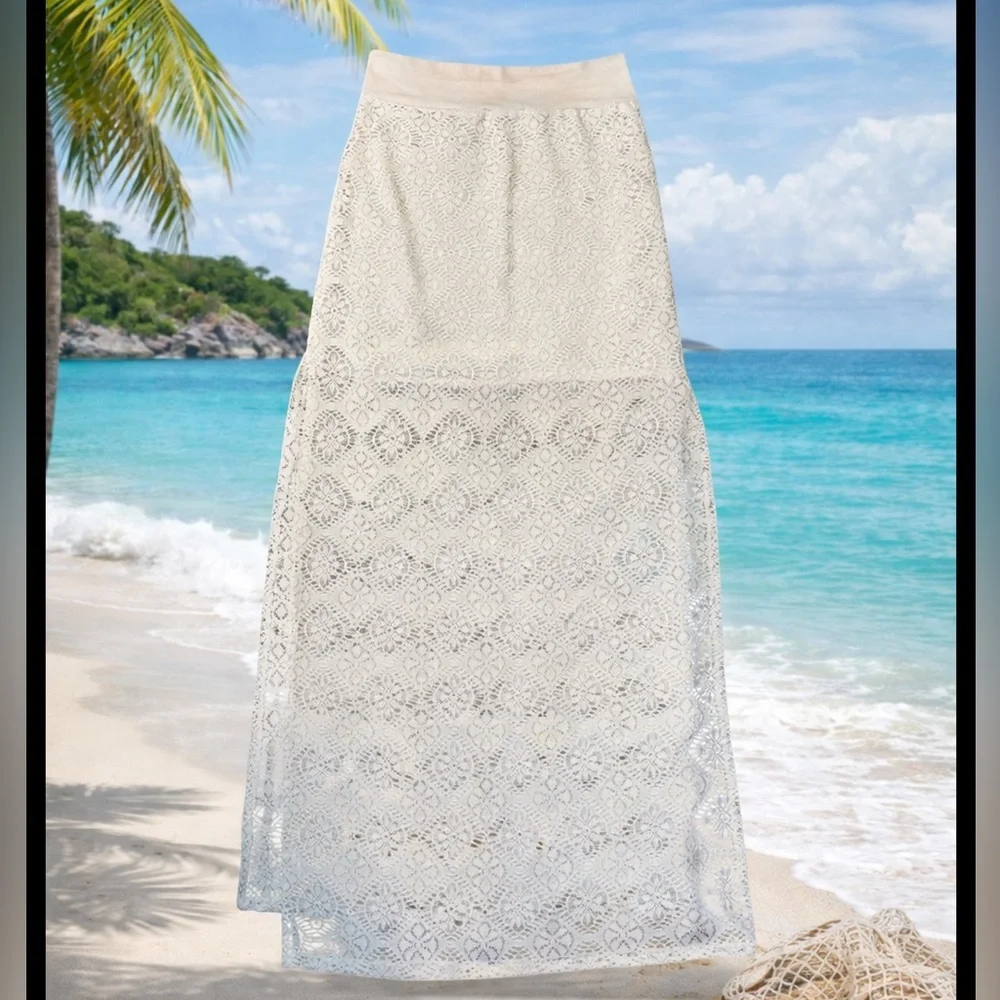Solitaire swim White Lace Maxi Skirt Beach Cover Up Sheer Boho Resort size MED